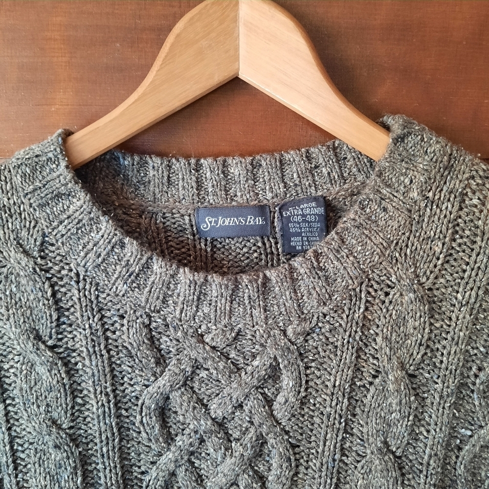 St. John's Bay Marled Brown Silk Blend Cable Knit Crewneck Sweater Size XL - Picture 4 of 8